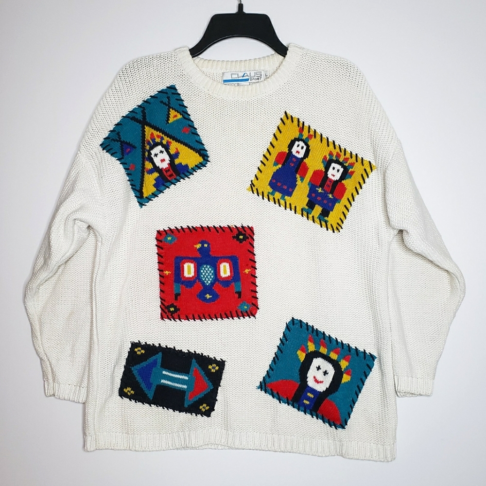 Vintage 80s Knit Patchwork Sweater Native American Size Large Claus Sport